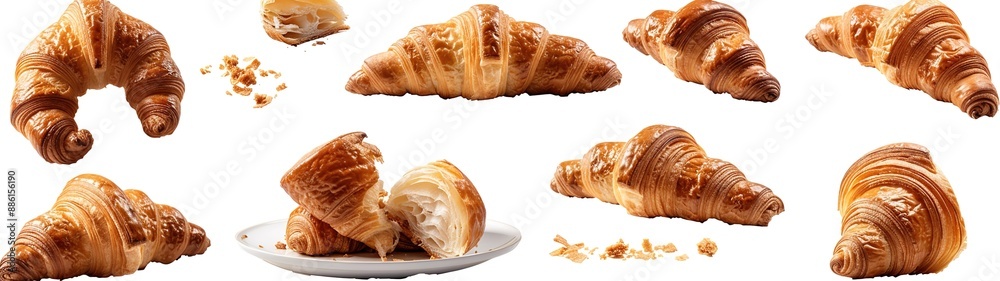 Croissants that fresh and delicious falling in the air isolated on background, Breakfast time, popular plain croissant breads.pmg Croissants that fresh and delicious falling in the air isolated on background, Breakfast time, popular plain croissant breads.pmg