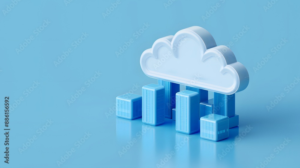 3D cloud computing concept with blue geometric shapes representing data storage, innovation, and modern technology on a blue background.