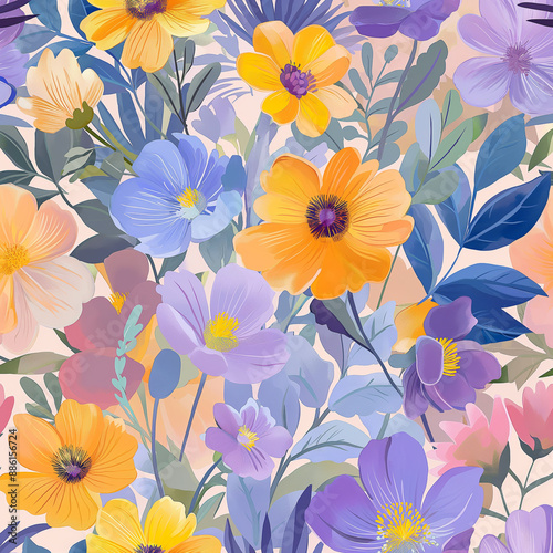 A vibrant and dynamic floral pattern featuring a variety of colorful flowers and leaves.