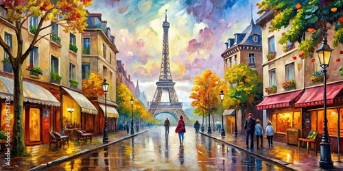 Palette knife oil painting of a picturesque Paris street scene, Paris, street, landscape, oil painting, palette knife