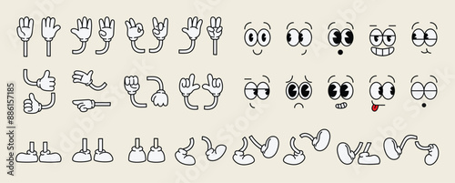 Set of 70s groovy comic faces vector. Collection of cartoon character faces, leg, hand in different emotions happy, angry, sad, cheerful. Cute retro groovy hippie illustration for decorative, sticker.