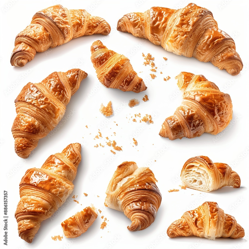 Croissants that fresh and delicious falling in the air isolated on background, Breakfast time, popular plain croissant breads.pmg Croissants that fresh and delicious falling in the air isolated on background, Breakfast time, popular plain croissant breads.pmg