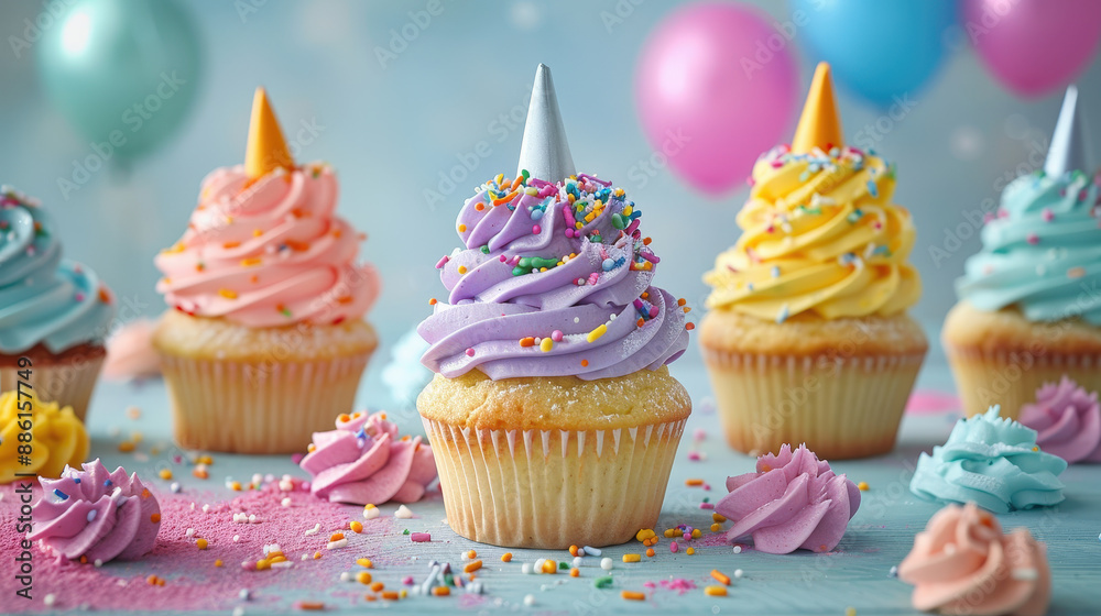 Cupcakes with party horn toppers, vibrant frosting, celebratory and fun Cupcakes with party horn toppers, vibrant frosting, celebratory and fun