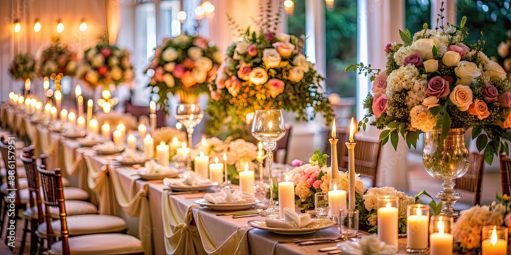 A beautifully decorated wedding reception with flowers, candles, and elegant table settings, wedding, marriage, celebration A beautifully decorated wedding reception with flowers, candles, and elegant table settings, wedding, marriage, celebration