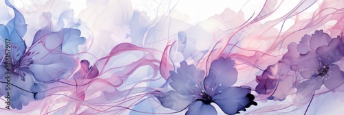 A soft, abstract watercolor illustration of purple and pink flowers with flowing lines