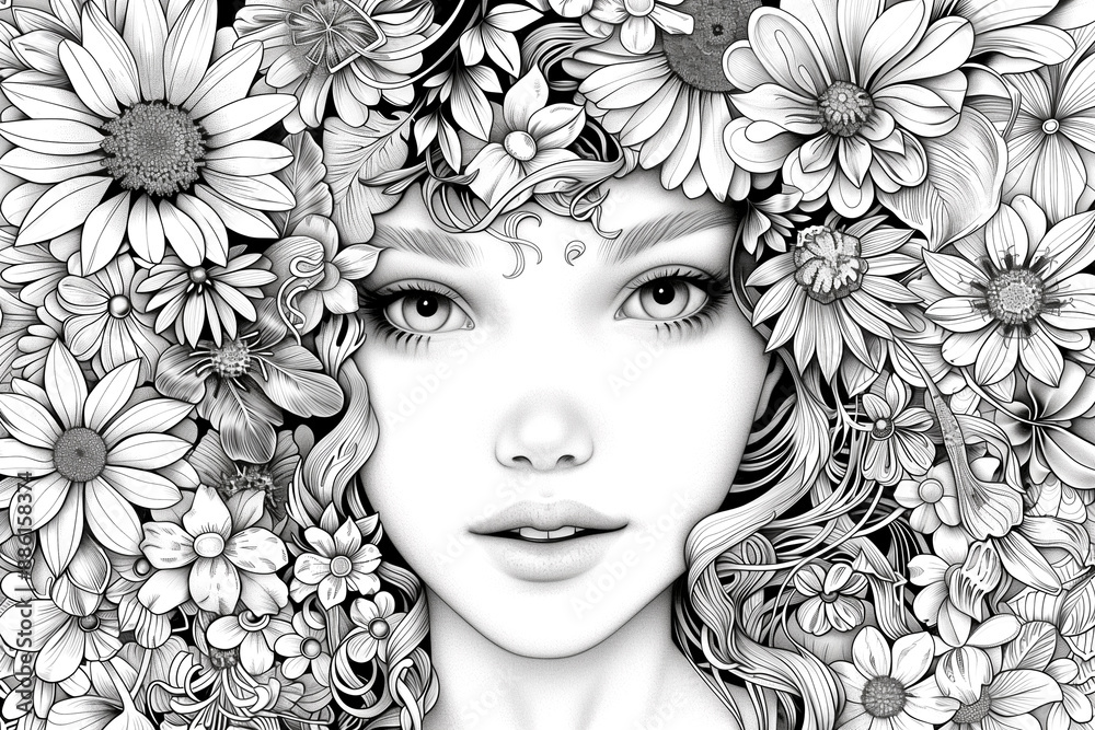 A woman's face is surrounded by flowers. The flowers are in various ...