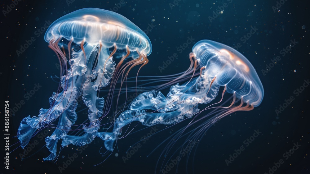 A pair of graceful jellyfish drifted lazily with the current A pair of graceful jellyfish drifted lazily with the current
