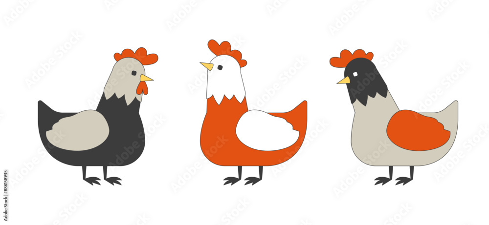 Obraz premium Farm chickens group 2D linear cartoon characters set. Poultry husbandry habitats isolated line vector animals white background. Agricultural industry color flat spot illustrations collection