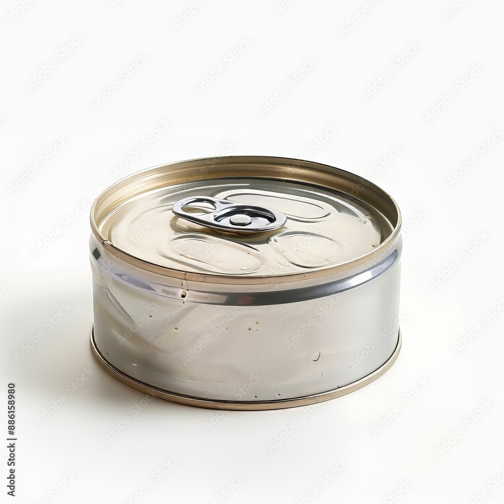 Closeup view of a dented tin can on white background Closeup view of a dented tin can on white background