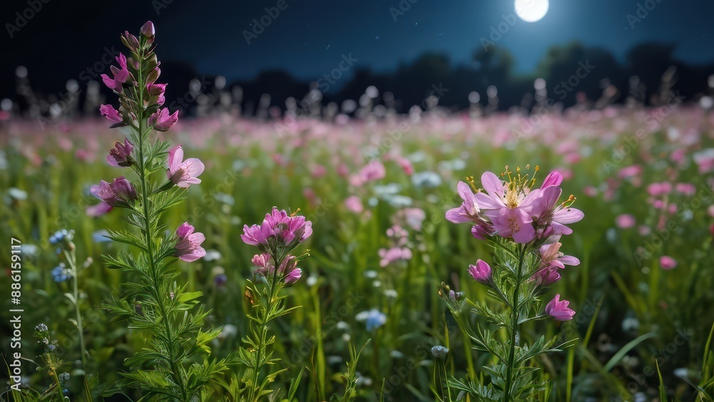 Obraz premium Moonlit Meadow with Pink Flowers.