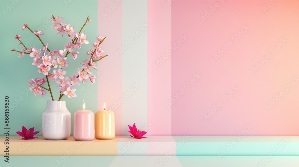 A peaceful spa setting with a rainbow of colors, designed in a minimalist style with clean lines and uncluttered space. The image offers plenty of copy space for customization. A peaceful spa setting with a rainbow of colors, designed in a minimalist style with clean lines and uncluttered space. The image offers plenty of copy space for customization.