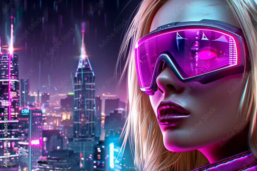 custom made wallpaper toronto digitalA woman wearing purple goggles is standing in front of a city skyline. The image has a futuristic and neon vibe, with the city lights and the woman's goggles adding to the overall atmosphere