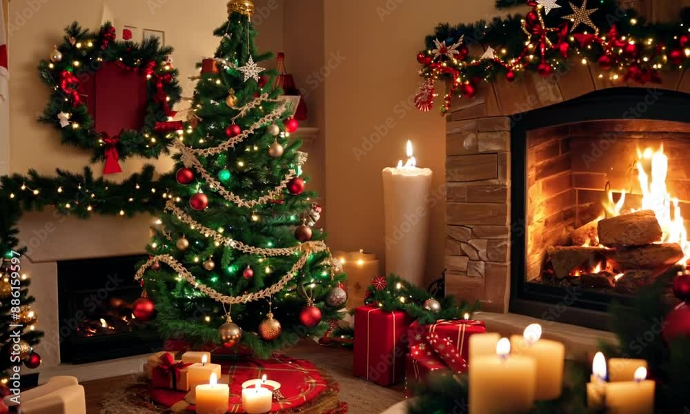 Cozy Christmas Interior: Fireplace, Tree, and Candlelight Cozy Christmas Interior: Fireplace, Tree, and Candlelight