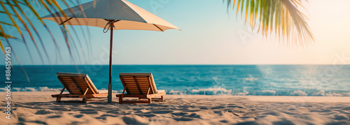Tropical Beach Sunset with Lounge Chairs

