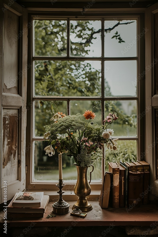 Fototapeta premium A photo of an open window in the middle with wooden shutters, overlooking a green meadow and trees. On the windowsill is a vintage brass vase full of flowers, books, and a candle stick beside it. A fi