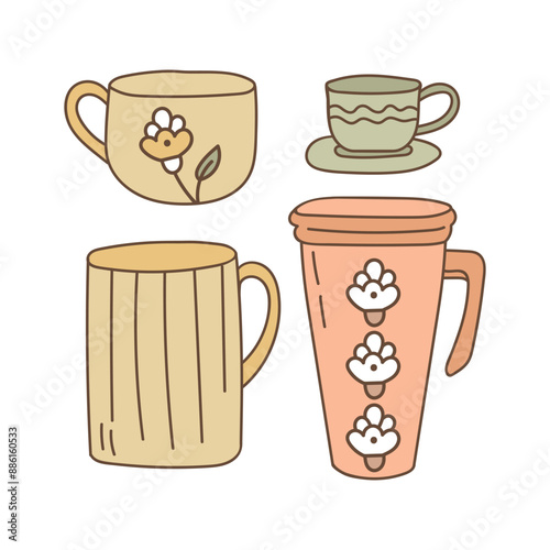 Bright doodle cups set. Coffee and tea mugs in scandinavian style. Cute colorful porcelain vector illustration set.