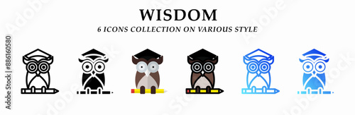 Wisdom icons collection. 6 Various styles. Lineal, solid Black, flat, lineal color and gradient. For sign, symbol, presentation, infographic or web graphics. Vector Illustration.