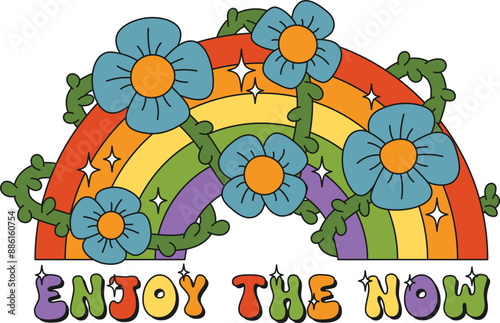 Enjoy the now. Floral flower botanical quote in retro groovy trendy hippie psychedelic style for t-shirts, mugs, cards, wall art. Funny blue flowers lettering composition with green curling stem.