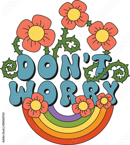 Floral flower botanical quote in retro groovy trendy hippie psychedelic style for t-shirts, mugs, cards, wall art. Funny pink flowers lettering composition with green curling stems, leaves, spikes.