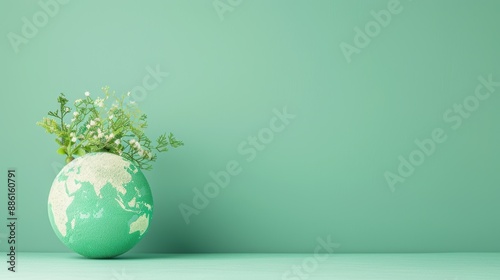 A conceptual image of a green globe with a minimalist and modern design, symbolizing environmental conservation and global unity. The image offers plenty of copy space for customization.