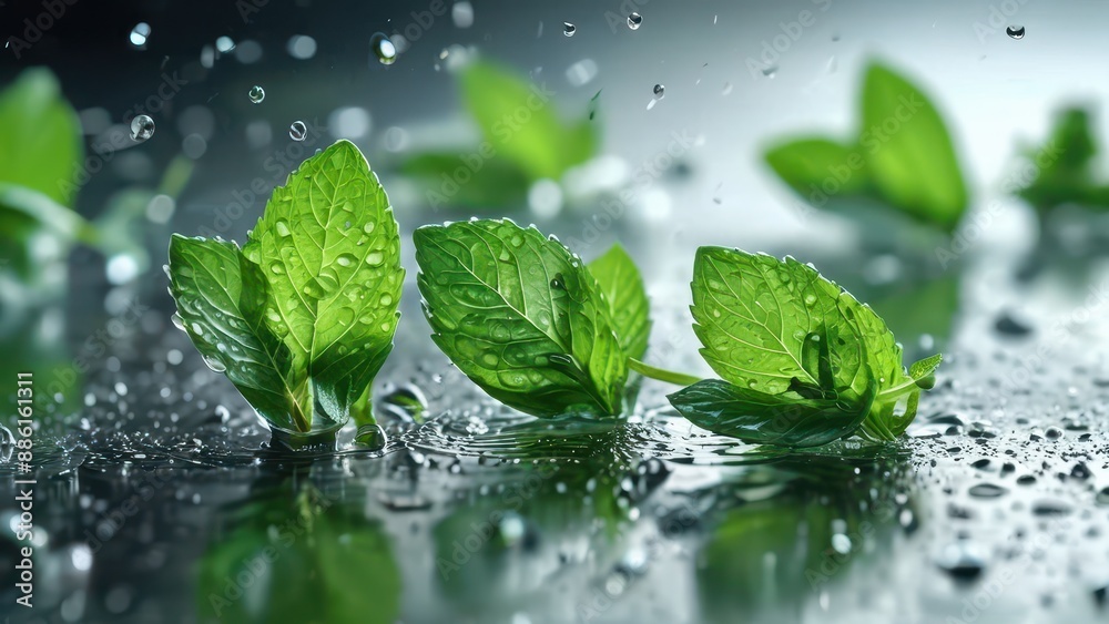 Fresh Mint Leaves with Water Drops. Fresh Mint Leaves with Water Drops.