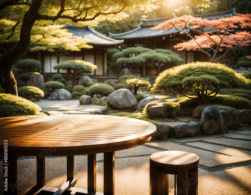 Round, empty table in a serene Japanese garden. Can be useful for your product display. The sun's rays filter through the trees in the background, creating a warm and inviting glow.