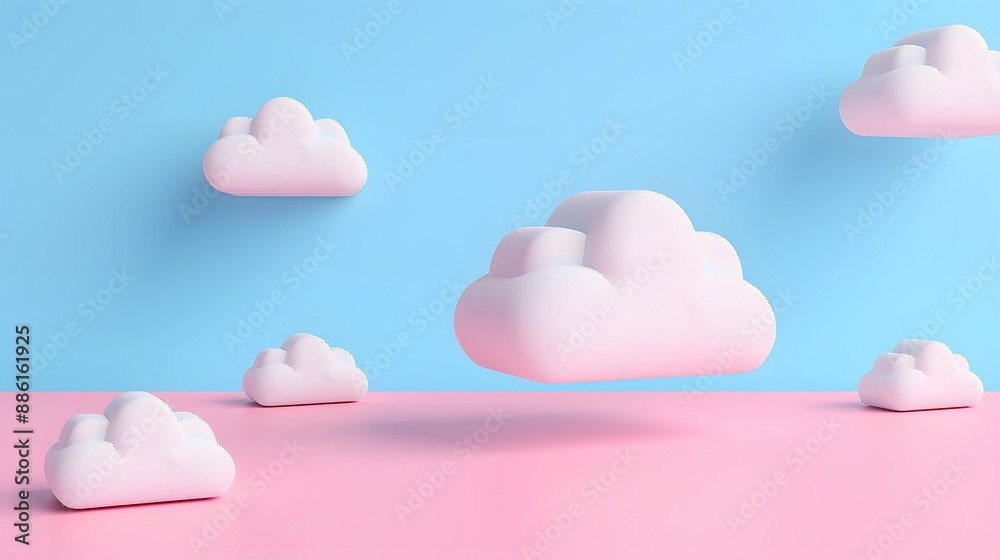 3D rendering of pastel pink clouds floating over a light pink surface against a blue sky background. Abstract and minimalist concept. 3D rendering of pastel pink clouds floating over a light pink surface against a blue sky background. Abstract and minimalist concept.