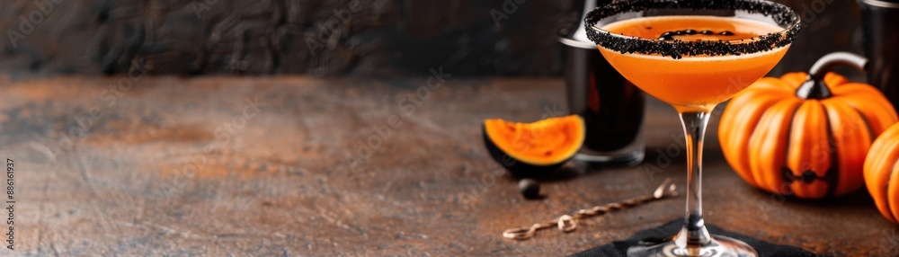 Festive Halloween cocktail with a black sugar rim, surrounded by pumpkins and orange slices on a rustic wooden table in a moody setting.