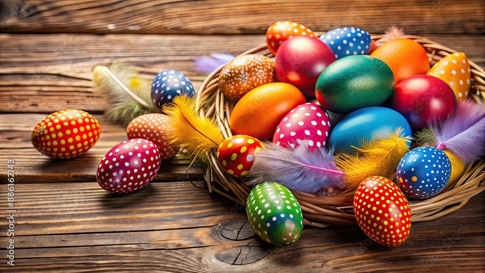 Close-up of colorful Easter eggs and feathers on a wooden table , Easter, eggs, feathers, decoration, holiday, spring