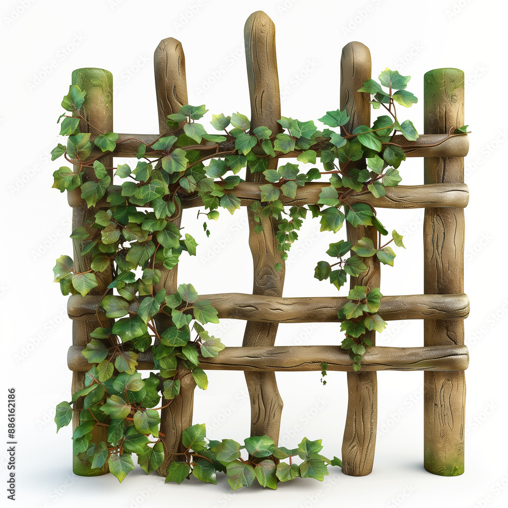 Obraz premium Wooden bar fence overgrown with green plants