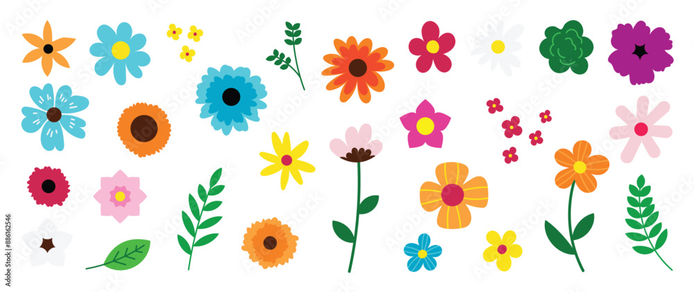 Fototapeta premium Collection of spring colorful flower elements vector. Set floral of wildflower, leaf branch, foliage on white background. Hand drawn blossom illustration for decor, easter, sticker, clipart, print.