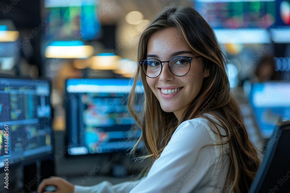 Beautiful female software engineer with long brown hair and wearing eyeglasses, smiling and focused on writing code on desktop computer in stylish coworking office space. She is looking Beautiful female software engineer with long brown hair and wearing eyeglasses, smiling and focused on writing code on desktop computer in stylish coworking office space. She is looking