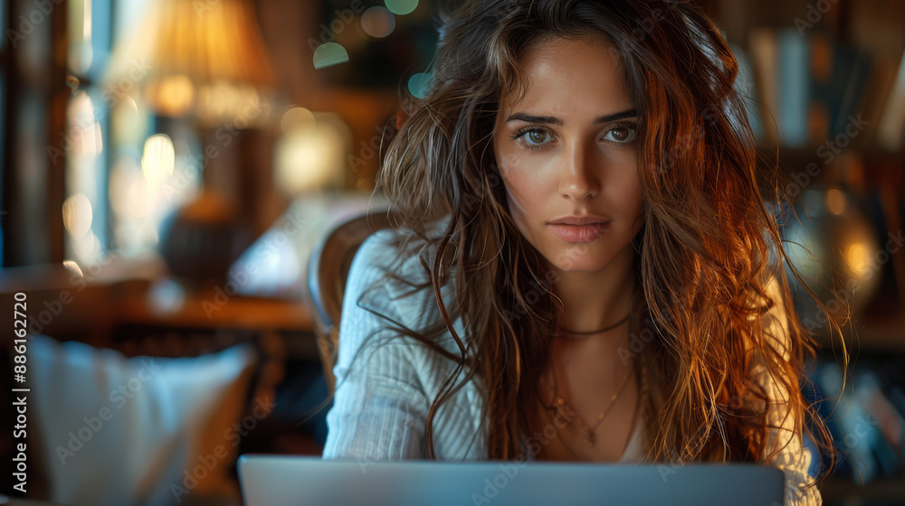A beautiful woman with wavy hair works at a laptop in a cozy atmosphere. A young female worker in a business suit at her desk. A beautiful woman with wavy hair works at a laptop in a cozy atmosphere. A young female worker in a business suit at her desk.