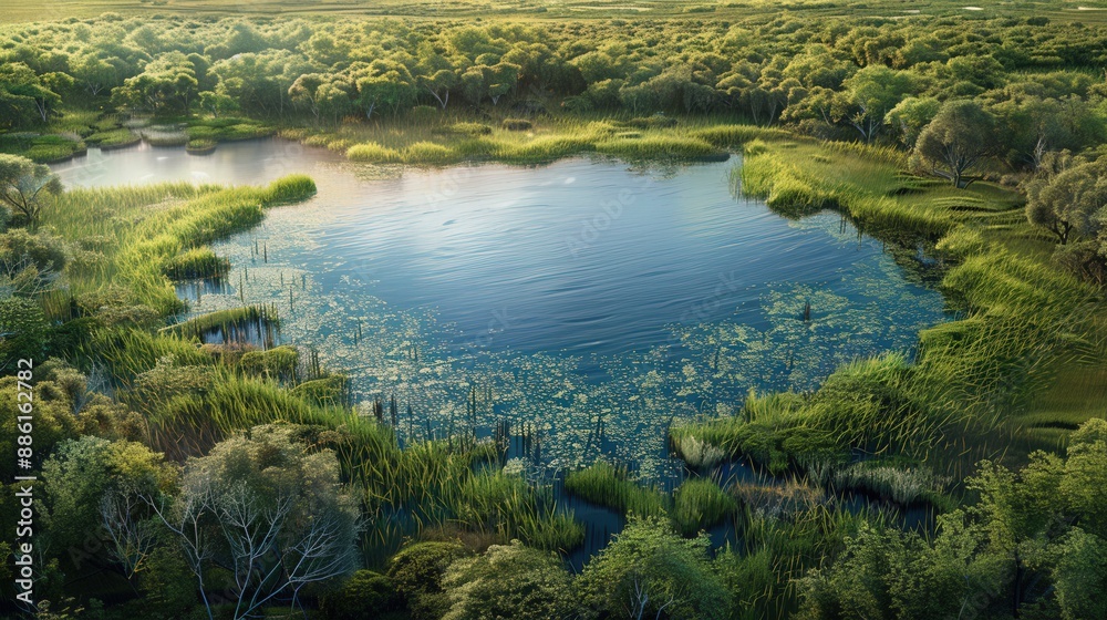 Depict an aerial view of wetlands with a serene lake surrounded by tall grasses and emergent vegetation, providing habitat diversity. Depict an aerial view of wetlands with a serene lake surrounded by tall grasses and emergent vegetation, providing habitat diversity.