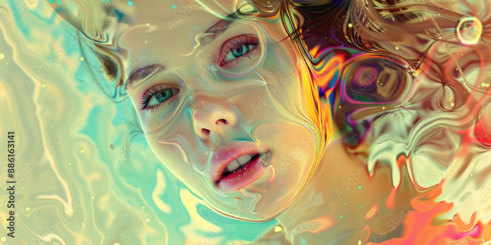 A woman with metallic liquid flowing from her face in pastel colors. A woman with metallic liquid flowing from her face in pastel colors.