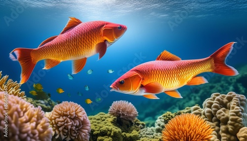 Carp fish Graceful Leaps: Carp Fish in a Vibrant Underwater Ballet" "Oceanic Delight: Playful Carp Dancing Amidst Coral and Sponges