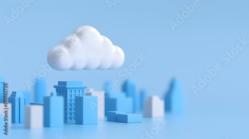 A minimalist 3D illustration of a cloud over a cityscape, representing cloud computing and modern technology in a blue color scheme.