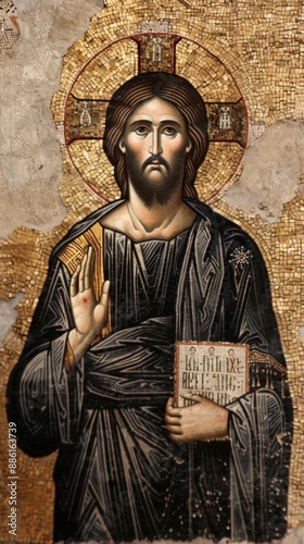 an icon of Jesus Christ Pantocrator depicted in traditional Byzantine style with a golden halo holding a book and blessing with his right hand capturing a sense of authority and compassion
