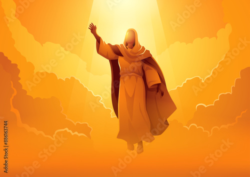 Virgin Mary being lifted up to heaven amongst clouds, celebrating the Feast of the Assumption. For church bulletins, and spiritual presentations, the divine and sacred moment of Mary's ascension