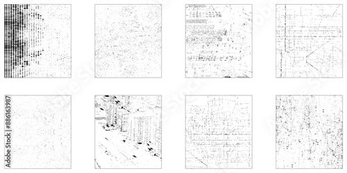 Grunge texture monochrome set elements with spotted canvases with traces soot or scratches caused by wear and tear vector illustration