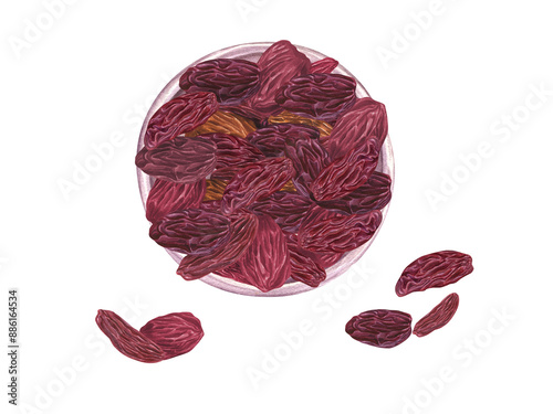 Dried fruit pile on pink ceramic plate. Sweet raisins and goji berries. Top view. Raw dry grapes or apricot. Dried medlar fruit. Natural vegan dessert. Watercolor illustration isolated on white