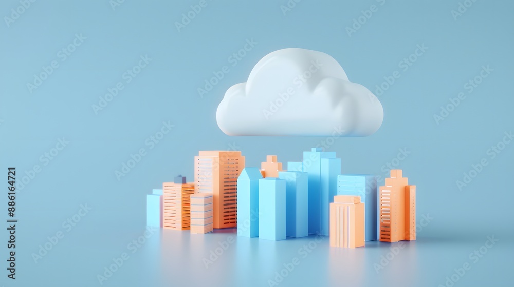 Fototapeta premium Abstract 3D illustration of cloud over modern city skyline, symbolizing cloud computing and technology integration with urban infrastructure.