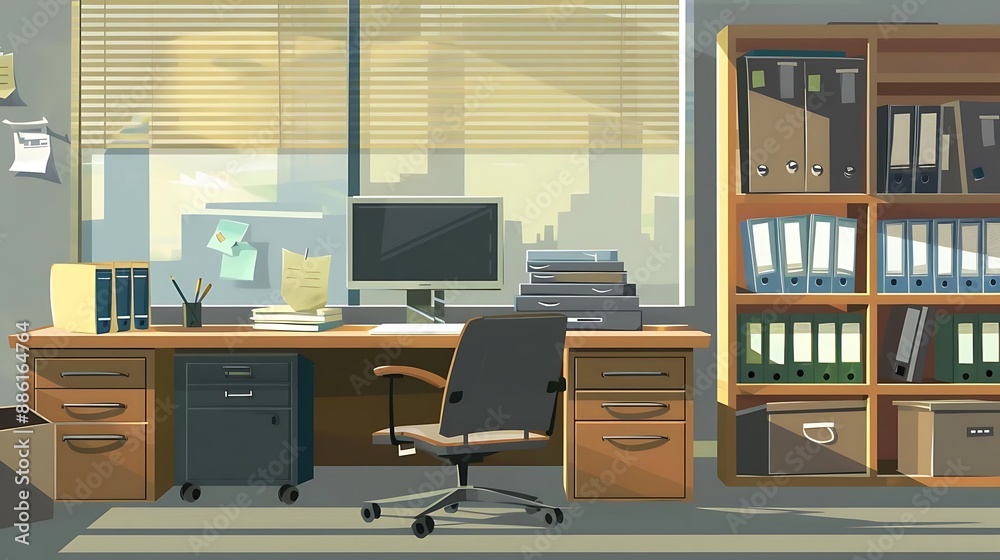 Office Desk Illustration with Window and Bookshelf Office Desk Illustration with Window and Bookshelf