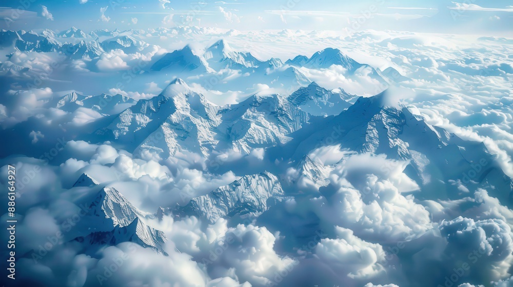 Depict the majesty of snow-capped mountains rising above a blanket of clouds, captured in a breathtaking aerial background. Depict the majesty of snow-capped mountains rising above a blanket of clouds, captured in a breathtaking aerial background.