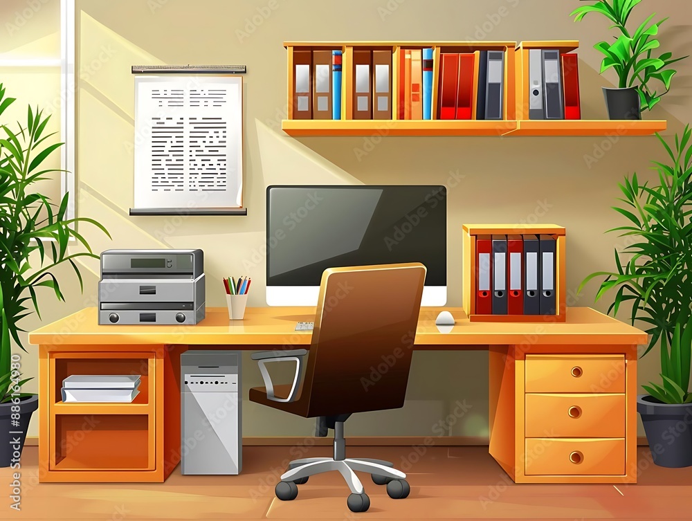 Office Desk with Computer, Plants, and Bookshelves Illustration Office Desk with Computer, Plants, and Bookshelves Illustration