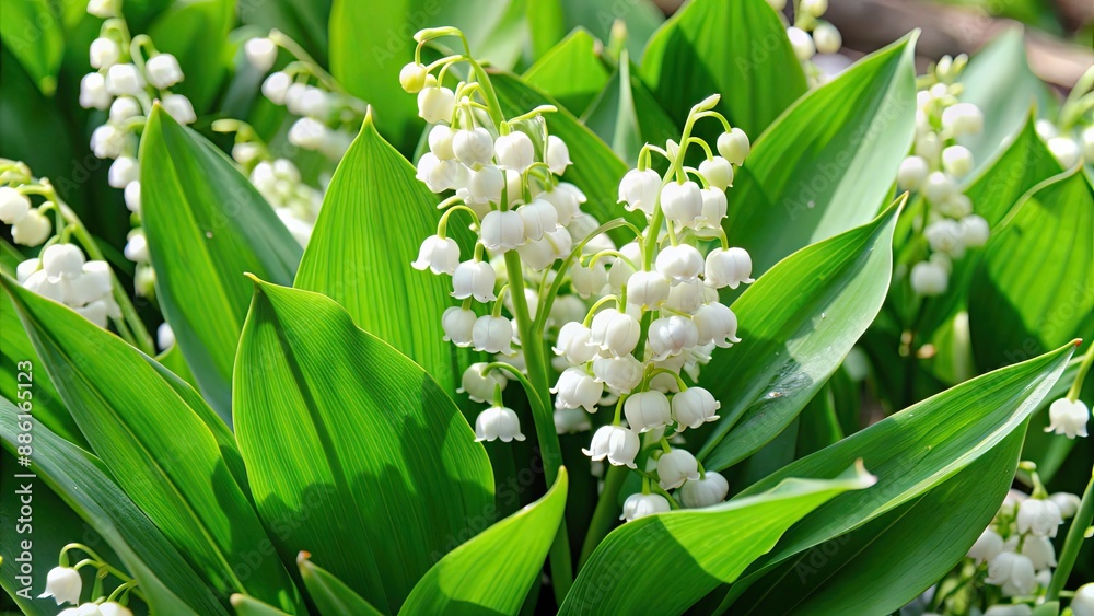 Obraz premium Lily of the Valley in full bloom with lush green leaves , Spring flowers, beautiful, delicate, fragrant, botanical