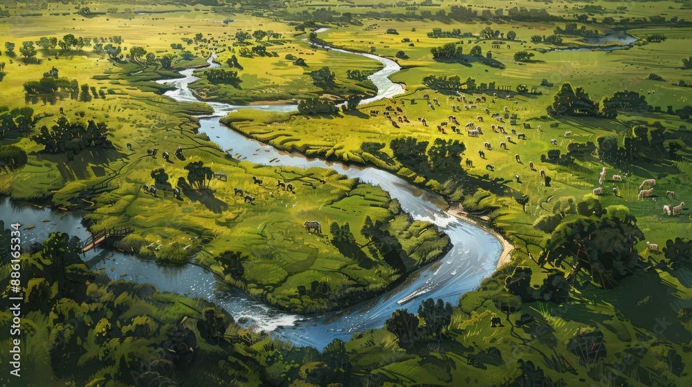 Depict the natural diversity of a wildlife reserve, with animals grazing amidst lush grasslands and winding rivers, in a detailed aerial perspective. Depict the natural diversity of a wildlife reserve, with animals grazing amidst lush grasslands and winding rivers, in a detailed aerial perspective.