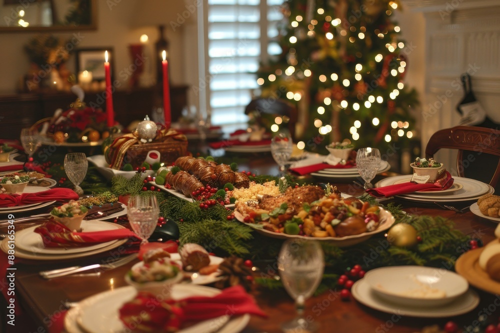 Christmas dinner table setting with delicious food being served Christmas dinner table setting with delicious food being served