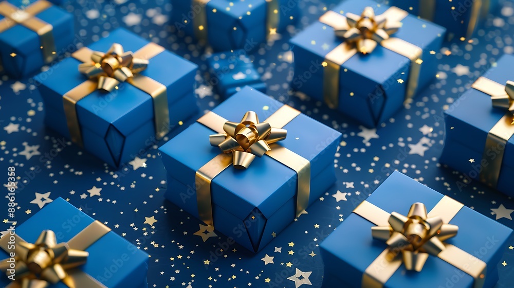 Vibrant illustration of blue gift boxes with metallic gold ribbons, set on a cobalt blue background with white stars, futuristic style Vibrant illustration of blue gift boxes with metallic gold ribbons, set on a cobalt blue background with white stars, futuristic style