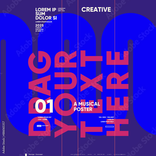 A boldly creative poster with large red typography overlaid on a dynamic blue background, ideal for contemporary musical and artistic promotions.